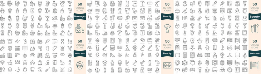 300 thin line icons bundle. In this set include beauty salon, beauty, bedroom, beverages