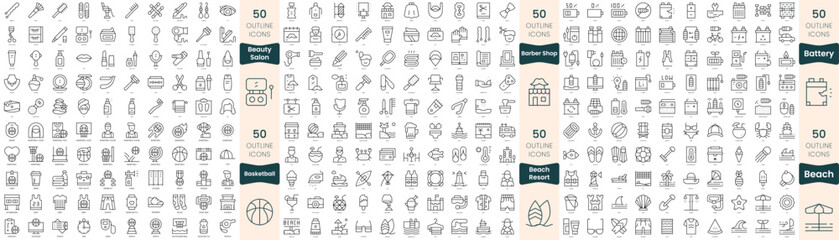 300 thin line icons bundle. In this set include barber shop, basketball, battery, beach resort, beach, beauty salon