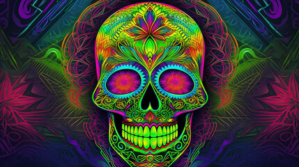 Day of The Dead Dia De Los Muertos colorful neon Mexican folk sugar skull with floral ornament background. Generative AI. High quality illustration.