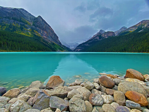 Moraine Lake Alberta on a grey day