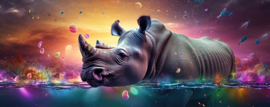 Rhinoceros swimming in lake with colorful rainbow bubbles all around, panorama. Generative Ai.