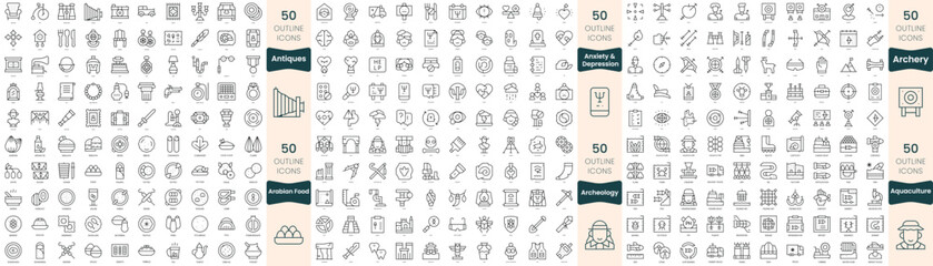 Fototapeta na wymiar 300 thin line icons bundle. In this set include antiques, anxiety and depression, aquaculture, arabian food, archeology, archery