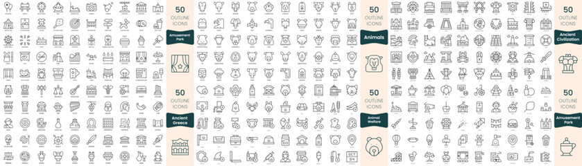 300 thin line icons bundle. In this set include amusement park, ancient civilization, ancient greece, animal welfare, animals