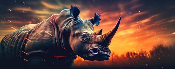 Rhinoceros with bokeh dark sunset background, dark forest panorama. Generative Ai. - obrazy, fototapety, plakaty