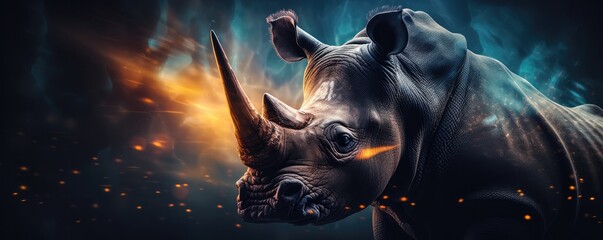 Rhinoceros with bokeh dark sunset background, dark forest panorama. Generative Ai. - obrazy, fototapety, plakaty