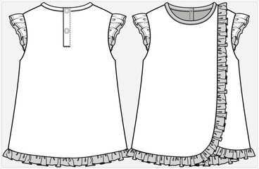 ASYMMETRIC FRILL SLEEVELESS A LINE KNIT DRESS WITH RING SNAP FASTENING DETAIL DESIGNED FOR KID GIRLS AND TODDLER GIRLS IN VECTOR ILLUSTRATION