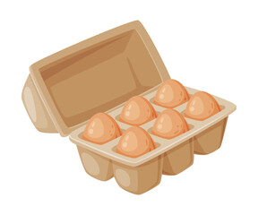 Whole Raw Uncooked Egg with Brown Shell in Carton Package Vector Illustration