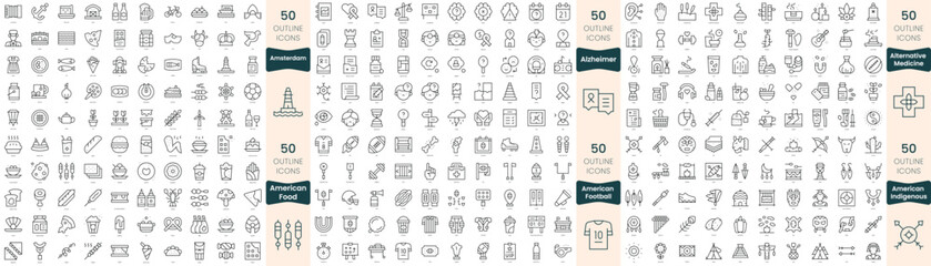 300 thin line icons bundle. In this set include alternative medicine, alzheimer, american food, american football, american indigenous, amsterdam