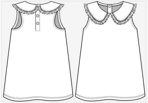 FRILL PETER PAN COLLAR SLEEVELESS A LINE KNIT DRESS WITH RING SNAP FASTENING DETAIL DESIGNED FOR KID GIRLS AND TODDLER GIRLS IN VECTOR ILLUSTRATION