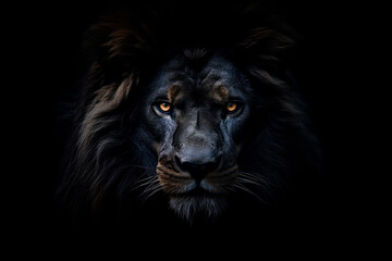 The face of a black lion. Close-up from the front. black background