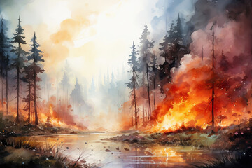 Coniferous Forest fire with fire and smoke. Generative AI illustration