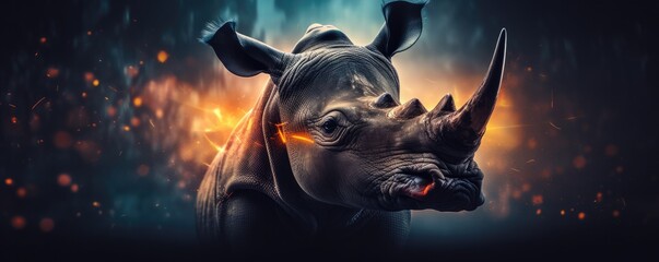 Rhinoceros with bokeh dark sunset background, dark forest panorama. Generative Ai.