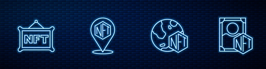 Set line NFT Digital crypto art, and . Glowing neon icon on brick wall. Vector - obrazy, fototapety, plakaty