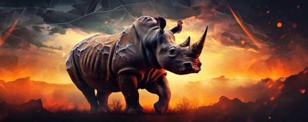 Rhinoceros with bokeh dark sunset background, dark forest panorama. Generative Ai.