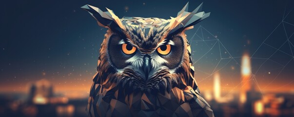 Owl night animal in wild nature with dark sunset background, panorama. Generative Ai. - obrazy, fototapety, plakaty