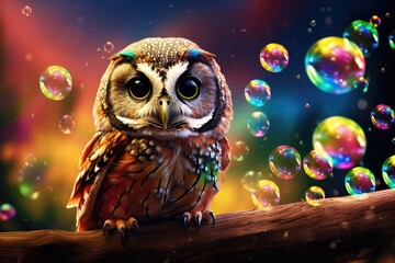 Owl animal with colorful rainbow bubbles in wild nature, panorama. Generative Ai.