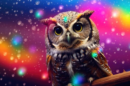 Owl animal with colorful rainbow bubbles in wild nature, panorama. Generative Ai.
