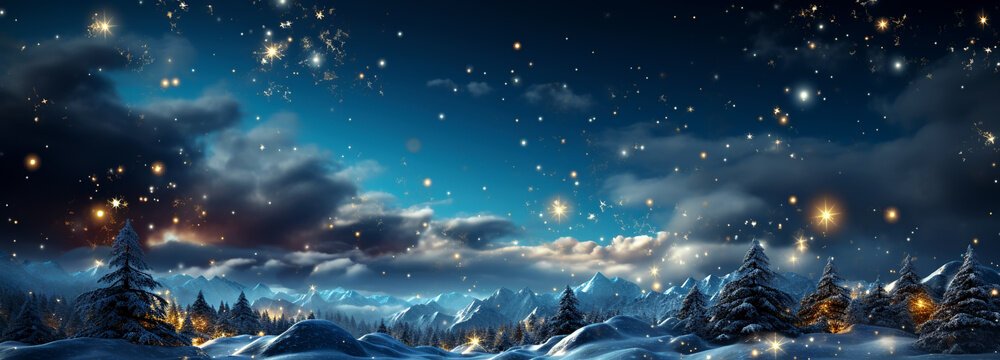 Merry Christmas and happy New Year greeting banner with Winter landscape with snow and Christmas trees, AI Generated