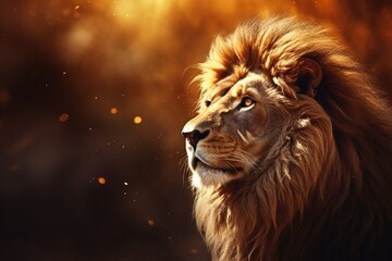 Lion king animal of nature with  dark golden background.. Generative Ai.