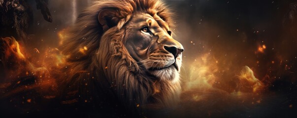 Lion king animal of nature with  dark golden background, nature panorama. Generative Ai.
