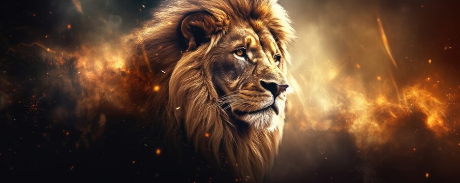 Naklejki Lion king animal of nature with  dark golden background, nature panorama. Generative Ai.