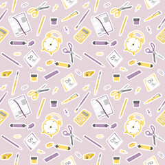 Vector childish seamless pattern with school supplies on a lilac background. Perfect for baby prints, covers, textiles, wallpapers, wrapping paper, scrapbooking.