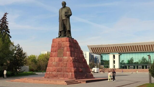 Almaty City. Almaty Kazakhstan 23 April 2023.  The monument of Famous Kazakh poet and writer Abay Kunanbayevat central square. Almaty City, Kazakhstan.