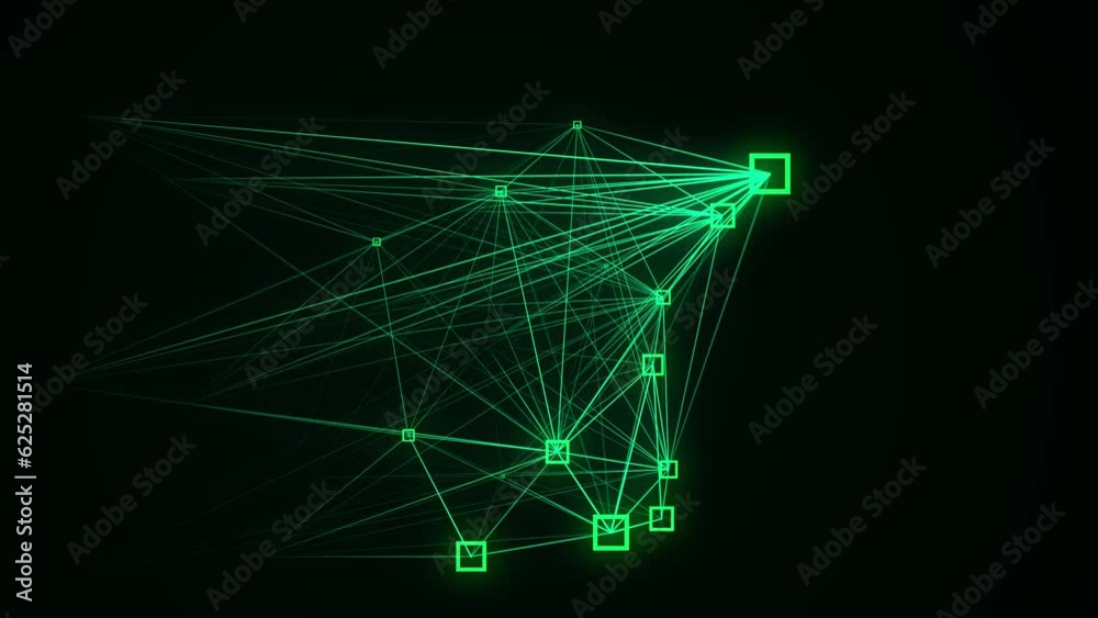 Poster Block chain technology concept. Big data visualization. Artificial intelligence. Green network connection structure. Abstract digital background with matrix. 3d rendering.