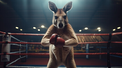 Kangaroo in boxing gear inside a boxing ring. Generative AI - obrazy, fototapety, plakaty