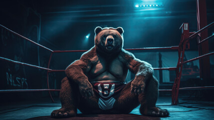 Bear in wrestling attire engaged in a wrestling match. Generative AI - obrazy, fototapety, plakaty