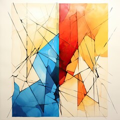 The painting is abstract and has a red, yellow, and blue color scheme. (Generative AI)