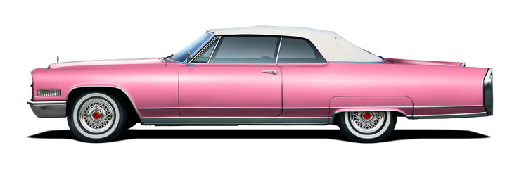 Classic American luxury car in light pink color. With a convertible body and white soft top.