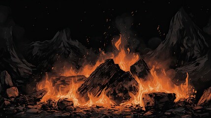 The close-up fire has a blurry black background. (Generative AI)