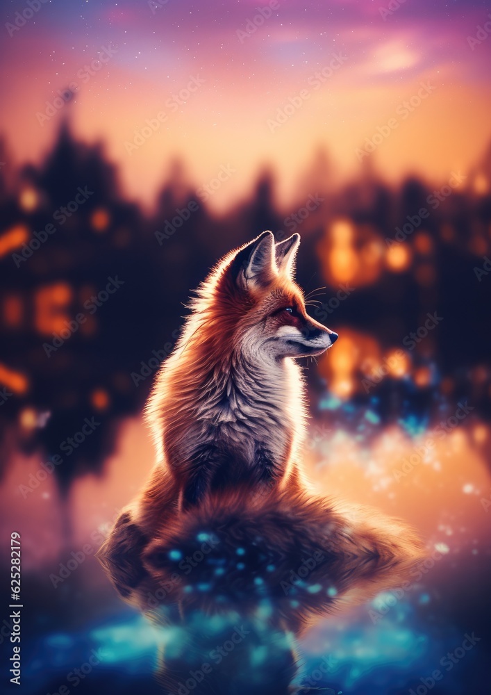 Wall mural fox animal with bokeh dark sunset background, night colorful nature. generative ai.