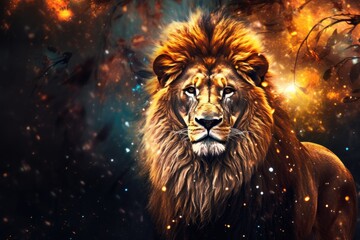 Lion king animal of nature with  dark golden background.. Generative Ai.
