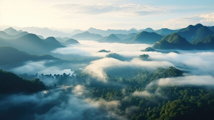 Fototapeta na wymiar Foggy landscape. Fog and cloud mountain tropic valley landscape. aerial view