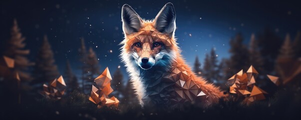 Fox animal with bokeh dark sunset background, night nature panorama. Generative Ai. - obrazy, fototapety, plakaty