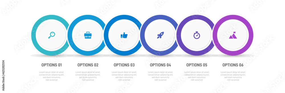 Wall mural Timeline infographic with infochart. Modern presentation template with 6 spets for business process. Website template on white background for concept modern design. Horizontal layout.