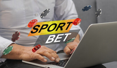 Sports betting, orange banner for website with monitor with champion cups and sport balls on background with stadium