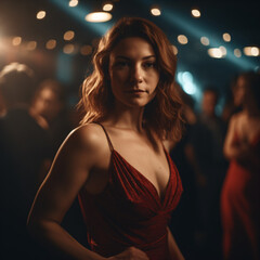 A woman in a captivating red dress at a nightclub Generative Ai