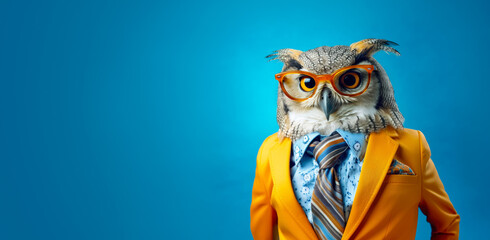 Cool looking owl bird wearing funky fashion dress - jacket, shirt, tie, glasses. Wide banner with space for text at side. Stylish animal posing. Generative AI
