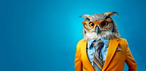 Fotobehang Uiltjes Cool looking owl bird wearing funky fashion dress - jacket, shirt, tie, glasses. Wide banner with space for text at side. Stylish animal posing. Generative AI