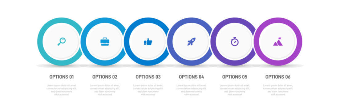 Timeline Infographic With Infochart. Modern Presentation Template With 6 Spets For Business Process. Website Template On White Background For Concept Modern Design. Horizontal Layout.