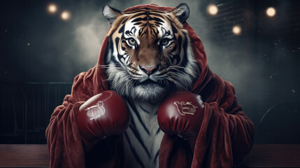 Tiger in a boxing robe and gloves, poised in a boxing ring. Generative AI