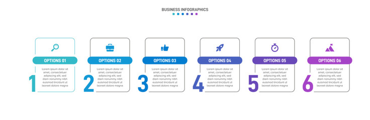 Timeline infographic with infochart. Modern presentation template with 6 spets for business process. Website template on white background for concept modern design. Horizontal layout.