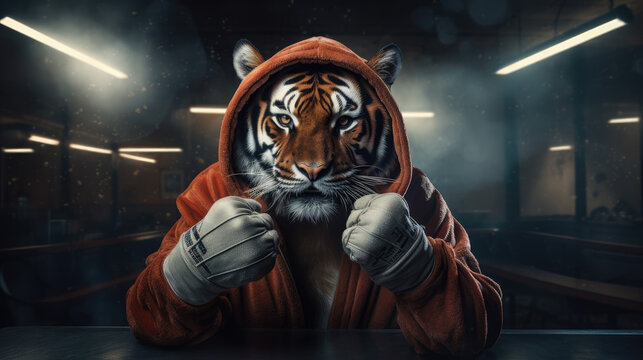 Tiger in a boxing robe and gloves in a boxing ring. Generative AI