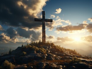 Wooden cross with clouds and sun rays behind cinematic photographic ultra high detail high contrast
