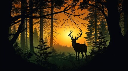 Silhouette of deer in sunset forest