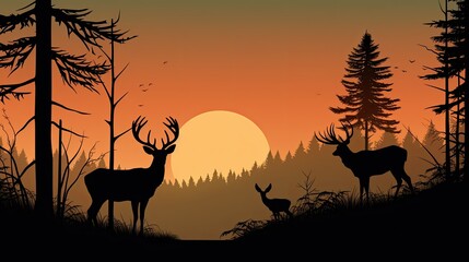 Silhouette of deer in sunset forest
