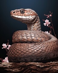 Fototapeta premium A snake on a dark branch in close-up. (Generative AI)